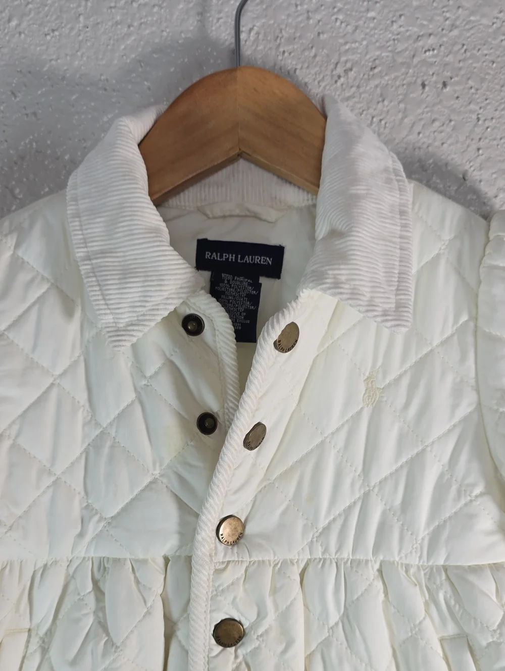 Ralph Lauren Girls' Cream Quilted Puff Jacket with Corduroy Collar
